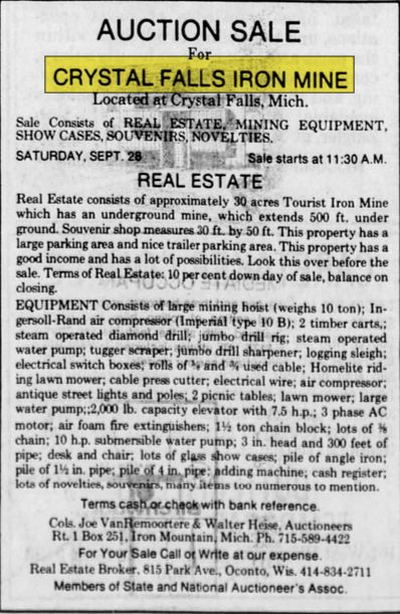 Crystal Falls Iron Mine - Sep 1974 Up For Auction (newer photo)